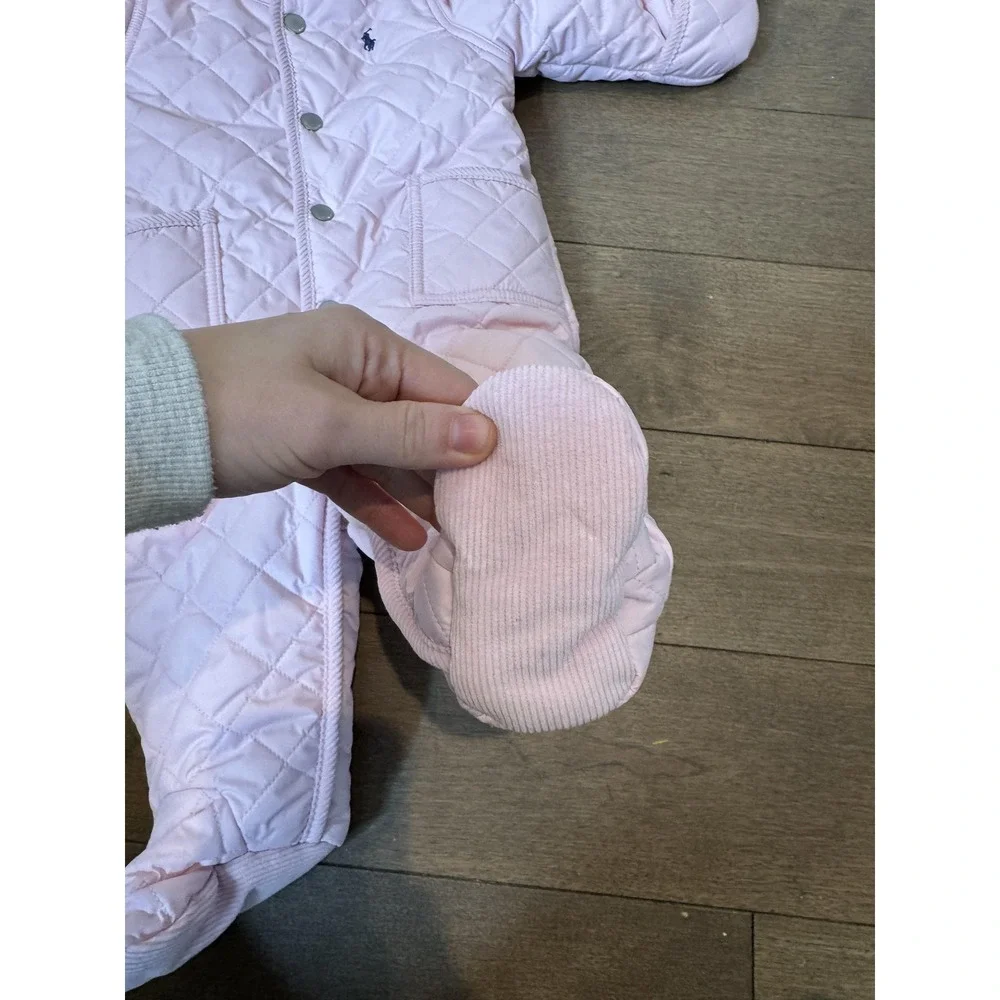 Ralph Lauren Snowsuit Baby Girls‎ 6M Pink Quilted Hooded Footed Bunting Fleece